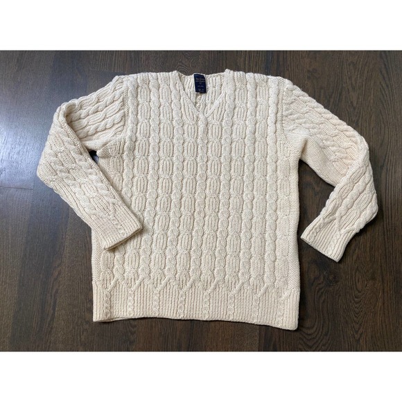 Paul James England 100% Wool Chunky V Neck Cable Fisherman Sweater~L - Picture 1 of 2